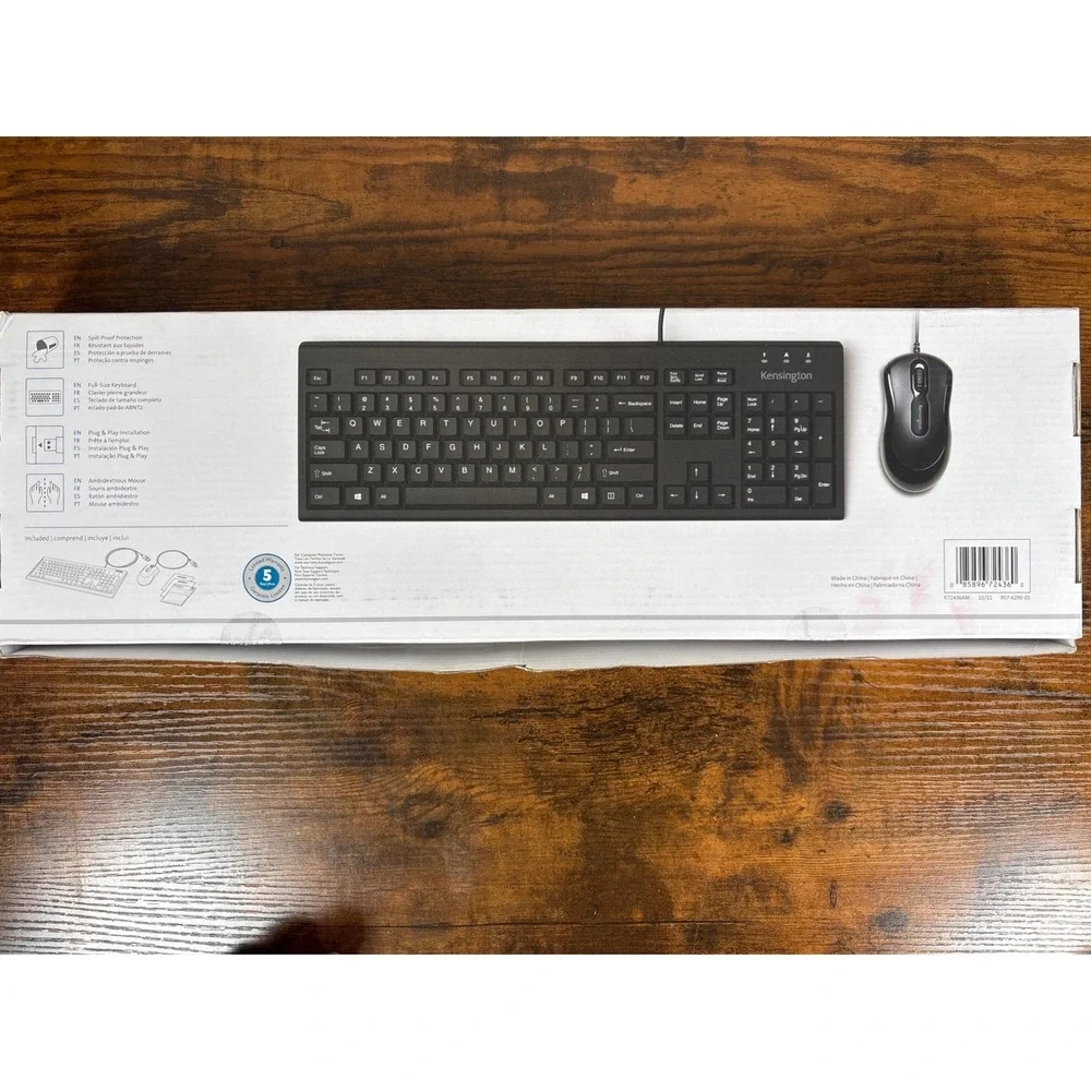Kensington Pro Fit Wired Desktop Set Full Size Spill Proof Keyboard Mouse Black